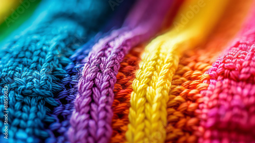 Details of an homemade knit sweater with colorful rainbow colors