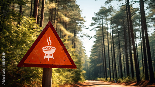 Preventive forest fire sign at the entrance of a pine forest - Global Warming