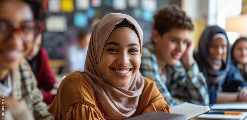 Smiling Muslim Girl in Classroom with Friends. Smiling Muslim Girl in Classroom with Friends.
