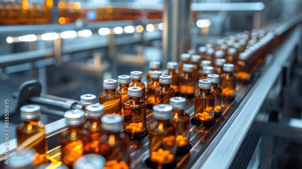 Industrial conveyor belt with rows of small glass medicine bottles, focusing on the efficiency of pharmaceutical production Industrial conveyor belt with rows of small glass medicine bottles, focusing on the efficiency of pharmaceutical production
