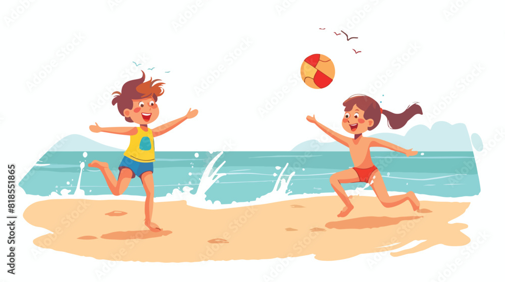 Children playing ball on sea beach. Happy kids having