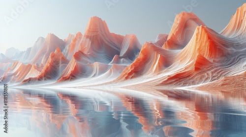 Surreal alien landscape with petal-shaped mountains and water reflection photo