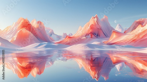 Fantastical world with floating mountains resembling thin wings and water surface reflection photo