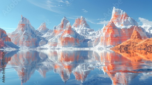 Stunning alien landscape: floating mountains with wing-like peaks and water reflection photo