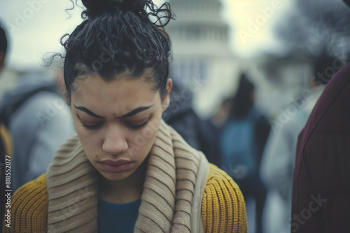 Portrait of Disappointment - Sad Young Woman Looking Down with Capitol Building in Background