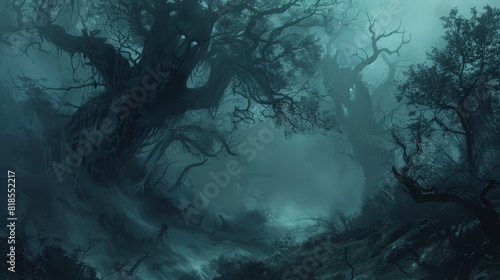 Scary black trees in a shadowy forest, with an ethereal pagan spirit emerging from the dense, swirling fog photo