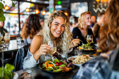 Wallpaper Mural A cheerful young woman enjoys a meal with friends at a casual restaurant, toasting with a glass of wine. Torontodigital.ca