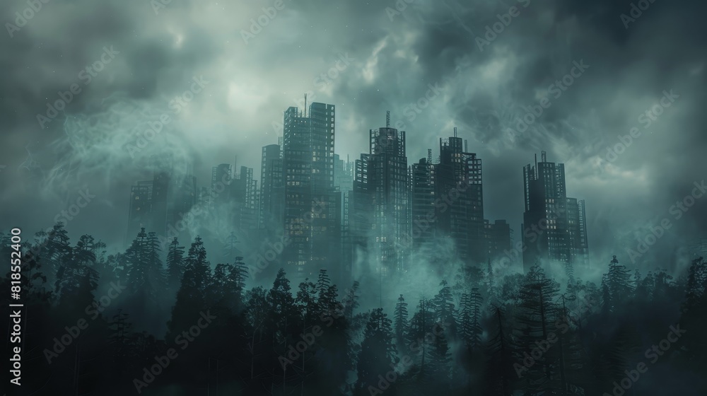 Futuristic metropolis under a veil of fog, surrounded by a dark forest, with menacing clouds casting shadows over the city