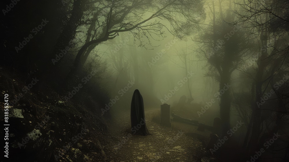Haunted forest path covered in thick fog, eerie dark figure, ghostly cemetery adding to the creepy atmosphere Haunted forest path covered in thick fog, eerie dark figure, ghostly cemetery adding to the creepy atmosphere