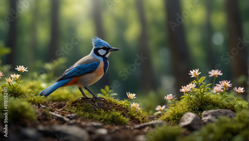 A small blue bird with a yellow belly and black head is perched on a rock in a forest. The bird is surrounded by green moss and small white flowers.

 photo