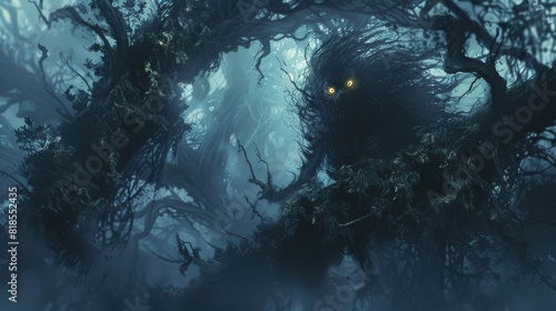Glowing-eyed demon standing still in a creepy, dense forest, surrounded by thick fog and gnarled branches photo