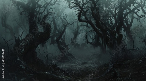 Gnarled black trees in an eerie forest, with spectral pagan spirits drifting among the twisted branches and fog photo