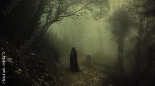 Haunted forest path covered in thick fog, eerie dark figure, ghostly cemetery adding to the creepy atmosphere