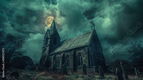 Haunted old church with dark storm clouds and a glowing moon, spectral figures wandering in the cemetery, creating a chilling Halloween atmosphere