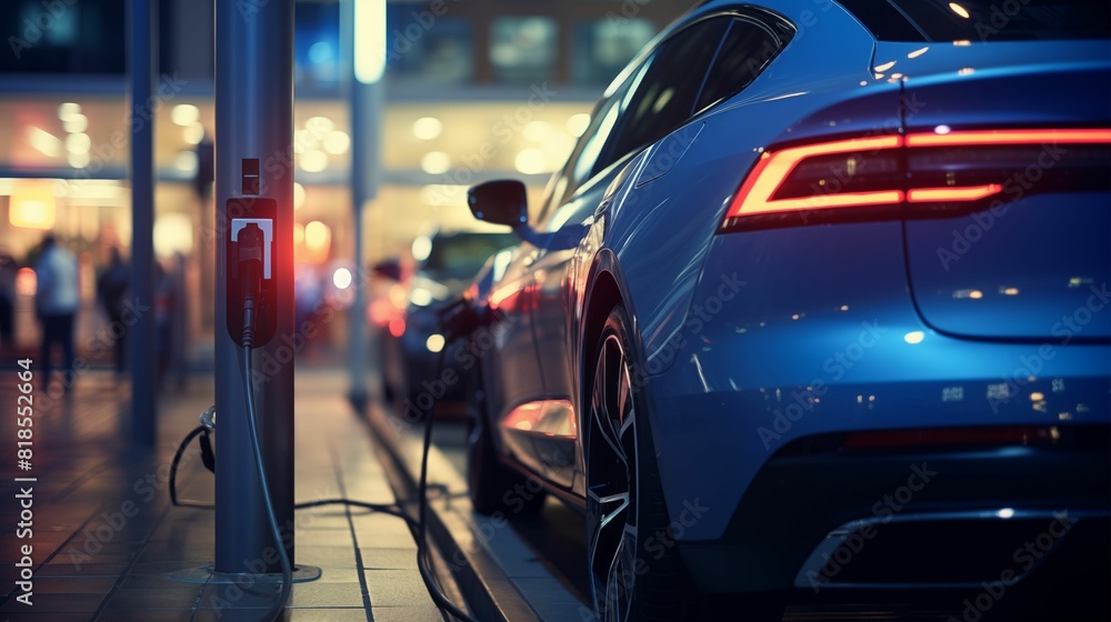 Close up of an electric car charging at the station, with other cars in the background. Generative ai Close up of an electric car charging at the station, with other cars in the background. Generative ai