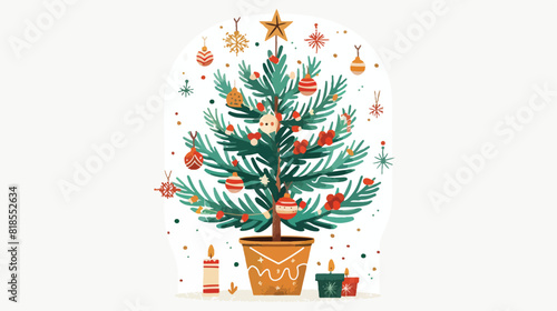 Christmas fir tree in pot. Xmas festive firtree decor photo