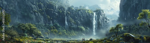 Create a scene where hikers pause to admire a majestic waterfall cascading down rocky cliffs
