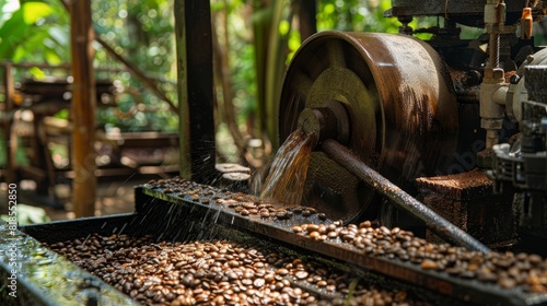Historical coffee beans mill with water wheel, detailed grinding cane, ancient machinery in action