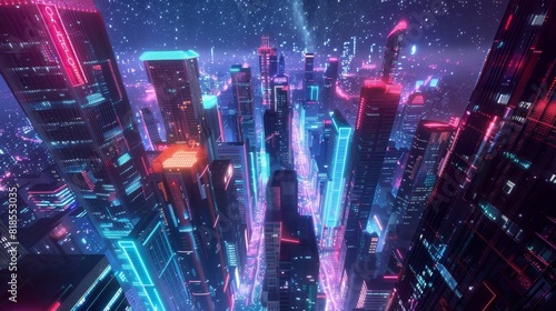 High-rise buildings glowing with neon lights  vibrant night cityscape  close-up view under a clear starry sky