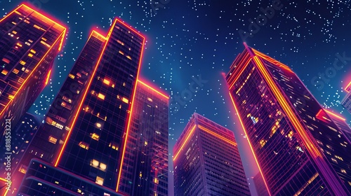 High-rise buildings glowing with neon lights  vibrant night cityscape  close-up view under a clear starry sky