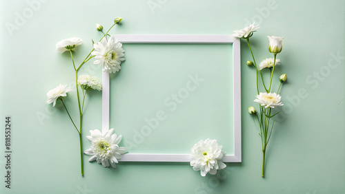 A minimalist flat lay featuring white flowers arranged in a rectangular frame, with clean copy space 