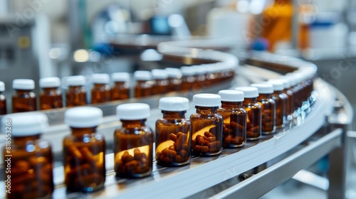 High-resolution image of a conveyor belt with small glass medicine bottles in a modern pharmaceutical factory