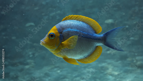 A yellow fish with blue and black markings is swimming in a blue-green colored fish tank.

 photo