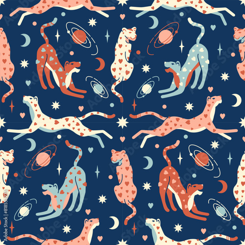 Boho celestial seamless pattern with wild cat in space among moon and stars. Bright constellation background. Modern playful bohemian style. Mystic astrology aesthetic. Retro colors.