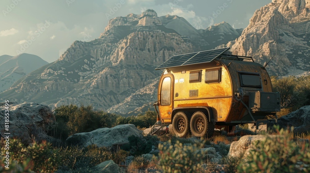 High-detail close-up of a camper trailer featuring solar panels, set against majestic mountains, packed for a journey, natural lighting High-detail close-up of a camper trailer featuring solar panels, set against majestic mountains, packed for a journey, natural lighting