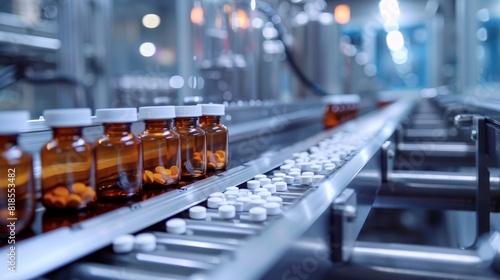 High-detail shot of conveyor belt moving pills and glass medicine bottles, sterile pharmaceutical production environment, stainless steel equipment