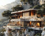 Elegant villa on a mountain cliff, bathed in soft morning sunlight, with Gabriel Cecilios design inspiration