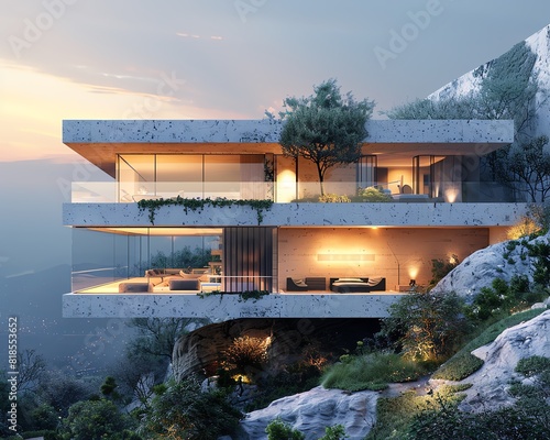 Chic villa on a mountain edge, illuminated by the golden morning rays, in the style of Gabriel Cecilio photo