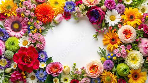 A vibrant array of assorted flowers arranged in a circular frame, creating a stunning floral border against a white background