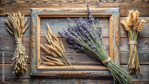 A flat lay composition featuring a rustic frame made of dried lavender, sage, and wheat, evoking a sense of nostalgia and warmth.