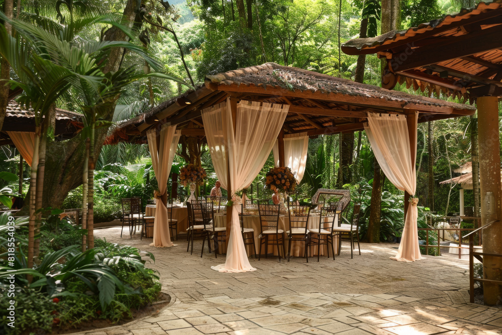 A beautiful outdoor setting with a canopy and tables for a wedding reception. The tables are set with white tablecloths and chairs, and there are flowers and candles on the tables A beautiful outdoor setting with a canopy and tables for a wedding reception. The tables are set with white tablecloths and chairs, and there are flowers and candles on the tables