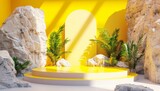 3d render of yellow podium with stone and plant
