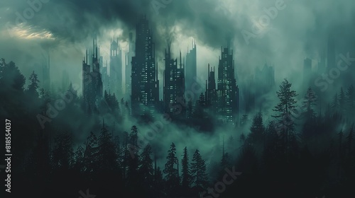 Spooky dark cityscape with towering skyscrapers, surrounded by dense, shadowy forest and swirling fog, under a stormy sky