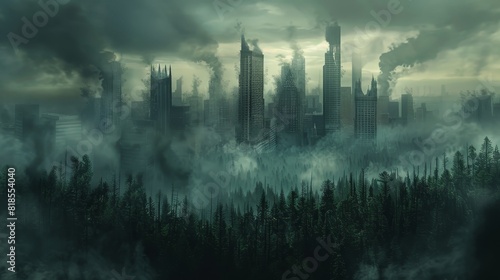 Spooky dark cityscape with towering skyscrapers, surrounded by dense, shadowy forest and swirling fog, under a stormy sky