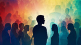 Engaging dialogue and communication between diverse colorful silhouette profiles in a dynamic crowd, showcasing multiple exposure techniques. Perfect for depicting teamwork, social interaction