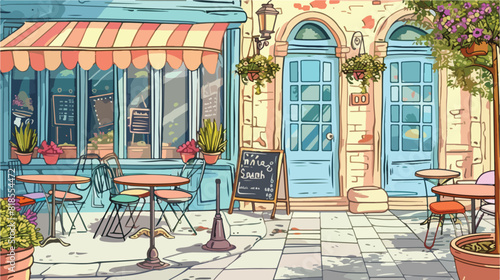 Colored drawing of summer sidewalk cafe coffeehouse o