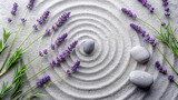 A minimalist flat lay arrangement of lavender sprigs forming a calming frame around a zen-inspired rock garden, promoting relaxation and tranquility.