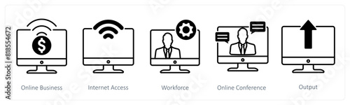 A set of 5 Business and Office icons as online business, internet access, workforce