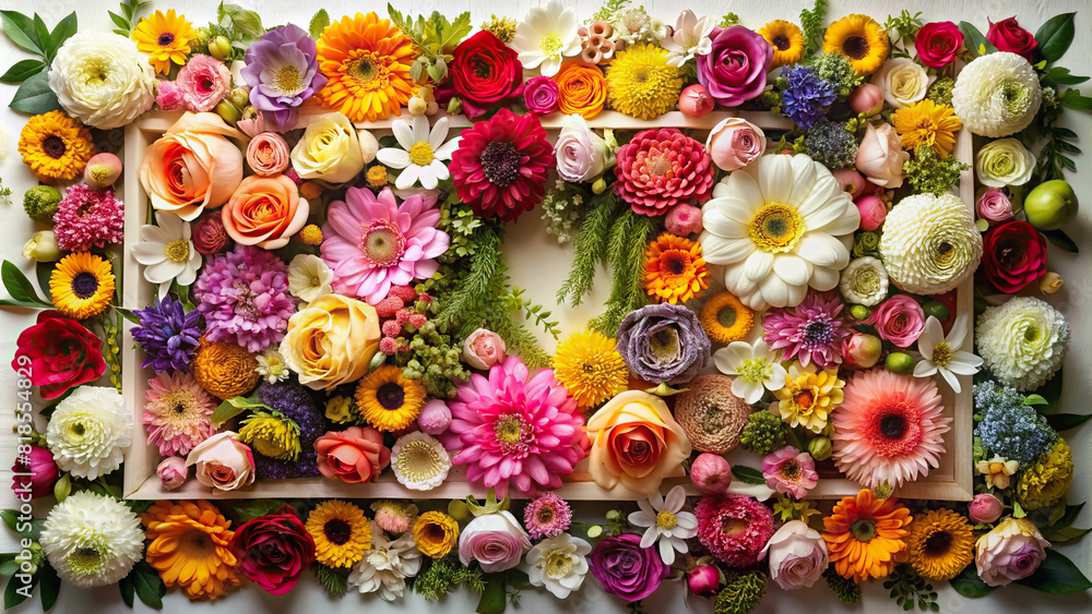 An overhead view of assorted flowers arranged in a rectangular frame, offering a refreshing floral backdrop for product presentations or social media content