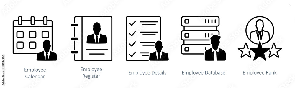 A set of 5 Business and Office icons as employee calendar, employee register, employee details A set of 5 Business and Office icons as employee calendar, employee register, employee details