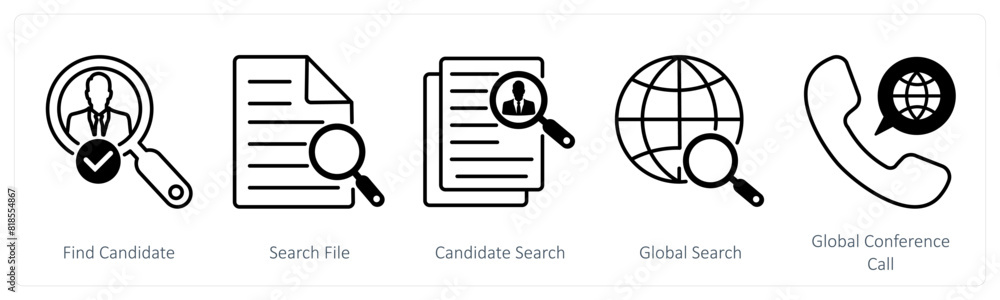 A set of 5 Business and Office icons as find candidate, search file, global search A set of 5 Business and Office icons as find candidate, search file, global search