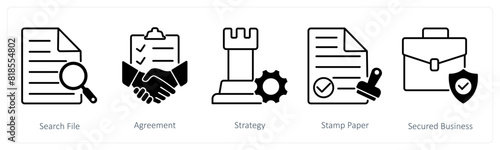 A set of 5 Business and Office icons as search file, agreement, strategy