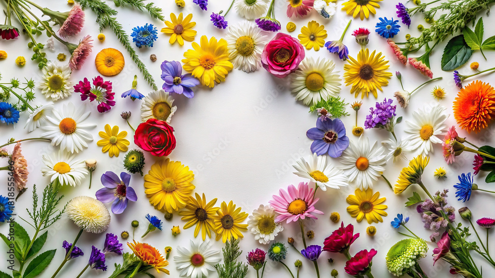 An artistic composition of vibrant wildflowers arranged in a circular frame, with a white background providing plenty of space for text or graphics.