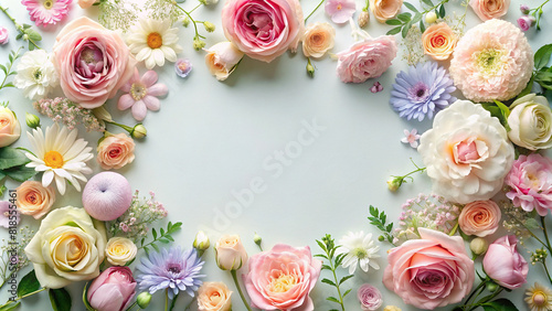 A delicate flat lay arrangement of pastel flowers forming a border around a central space, perfect for adding personalized messages or designs.