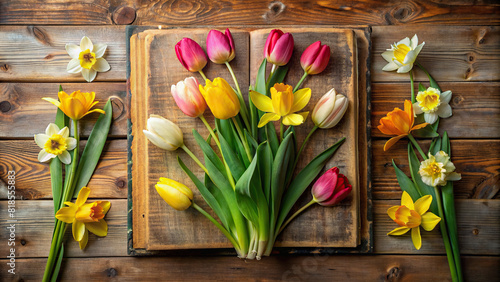 A flat lay arrangement of tulips and daffodils forming a spring-inspired frame around a vintage book, capturing the essence of renewal and growth. #818555883