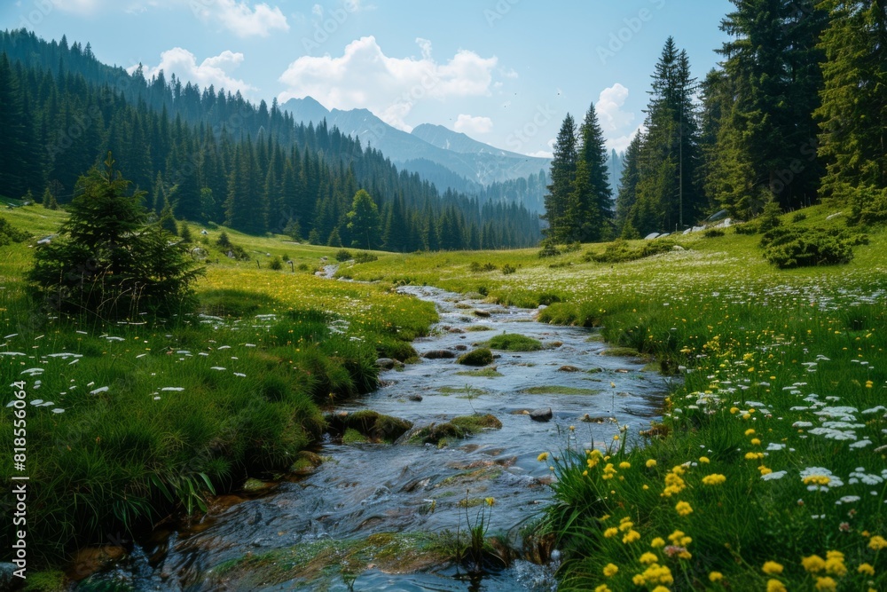 Peaceful Meadow with Stream and Forest Background Peaceful Meadow with Stream and Forest Background